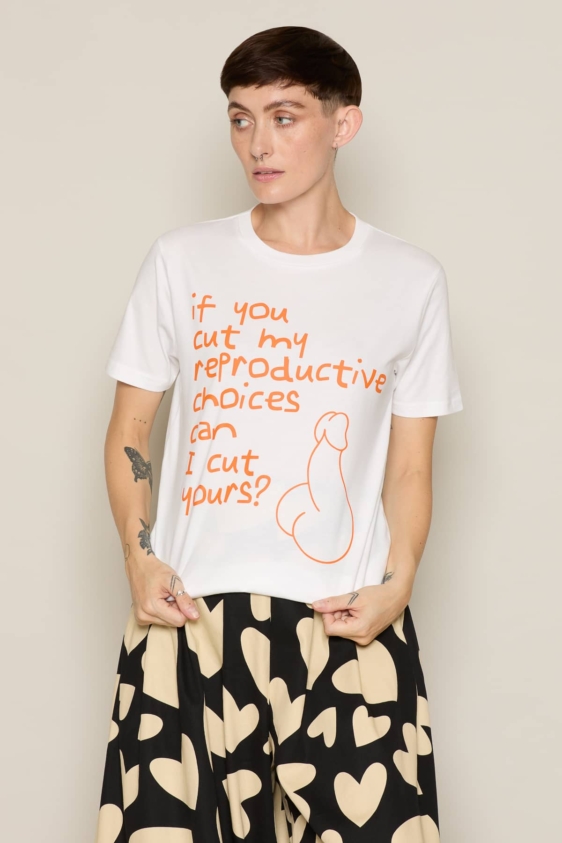 White organic cotton slogan T‑shirt with bold “My Choice” reproductive rights message – Bo Carter ethical womenswear