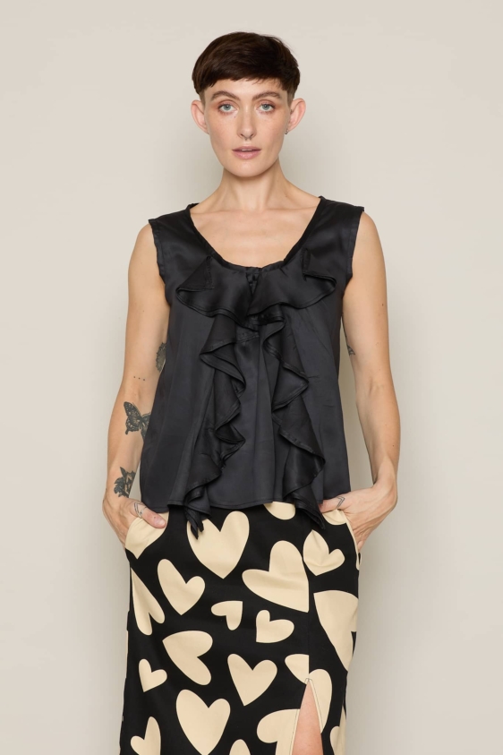 Ruffle Front Monika Bamboo Silk Blouse in Black